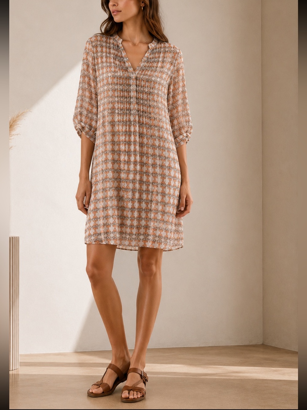 Club Monaco Earthy Geometric Silk Shift Dress Pleated Front Women's 0 (XS/S)